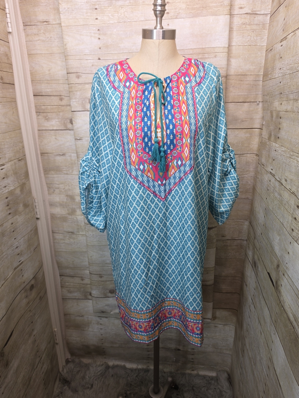 Teal Print Tassel Tie Mini Dress with Contrast Embroidered Yoke